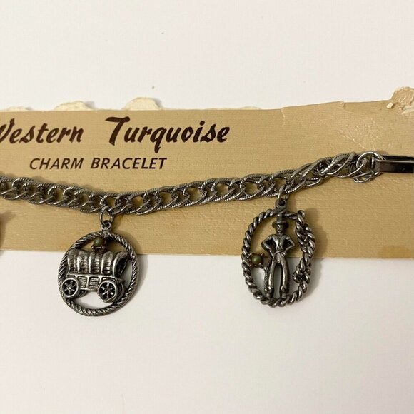 Vintage Western Faux Turquoise Charm Bracelet Cowboy Boots Horse Carriage Flaws - Picture 3 of 16